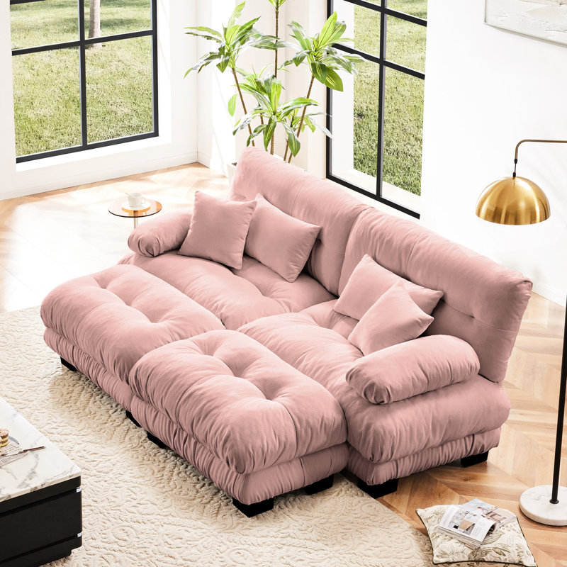 Chenille rose pour le salon: 2 places avec coussins de style nuage, repose-pieds et coussins assortis - Option de siège confortable et élégant
