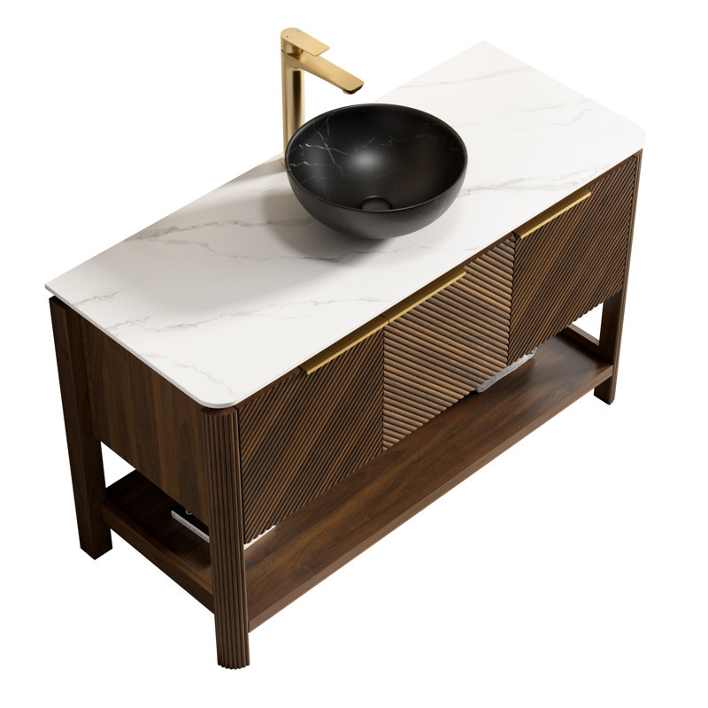 Meuble-lavabo de salle de bain 48 po Indigo, armoire de rangement autoportante en contreplaqué avec 3 portes diagonales et tablette ouverte, lavabo en céramique à motif de pierre noire et plateau en pierre frittée blanc de Carrare, grain de bois noyer foncé