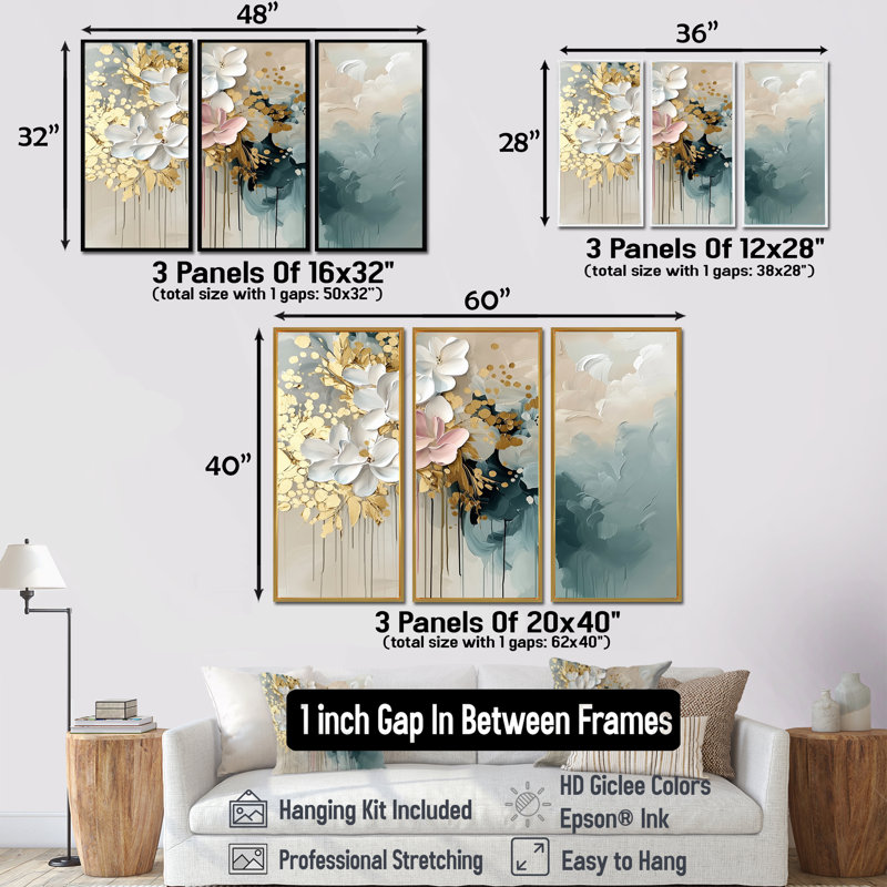 Ensemble de salon art floral doré coup de pinceau abstrait, Toile avec cadre flottant or, H 28 po x l 36 po x P 1 po