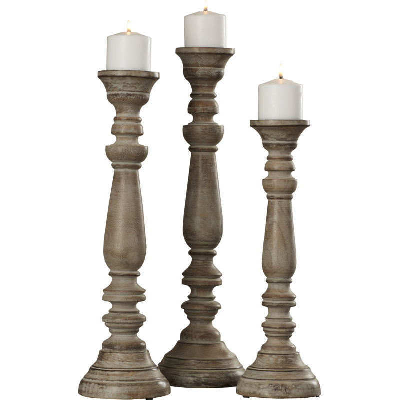 3 Piece Wood Tabletop Candlestick Set