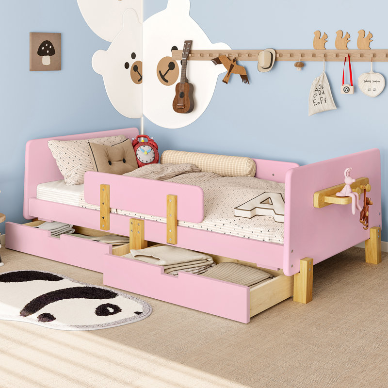 Lit plateforme simple avec tiroirs de rangement, structure de lit en bois massif avec garde-corps, petite tablette et crochets, aucun sommier nécessaire, rose
