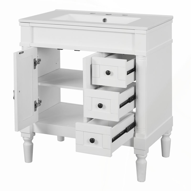 Meuble-lavabo moderne de 30 pouces avec cadre en bois massif, panneau de fibres à densité moyenne, lavabo en céramique et rangement spacieux pour un design élégant et fonctionnel