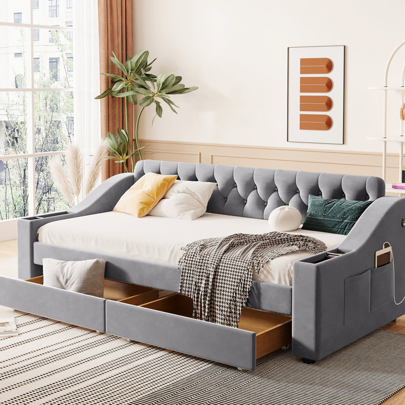 Twin Size Daybed With Storage & , Gray - Bedroom Piece Upholstered Storage, Asset, Gray