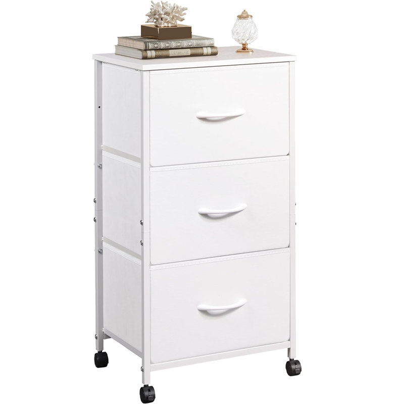 3-Drawer Dresser , Nightstand Cabinet with Wheels, Organizer Storage Dresser for Bedroom, Office, Closets, Sturdy Steel Frame, Easy Pull Handle