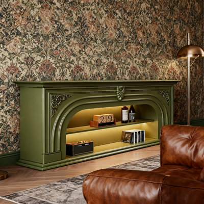 Meuble télé avec cheminée à DEL de style français en bois massif sculpté avec lumières DEL intégrées, disponible en noir, blanc crème et vert avocat, plusieurs tailles