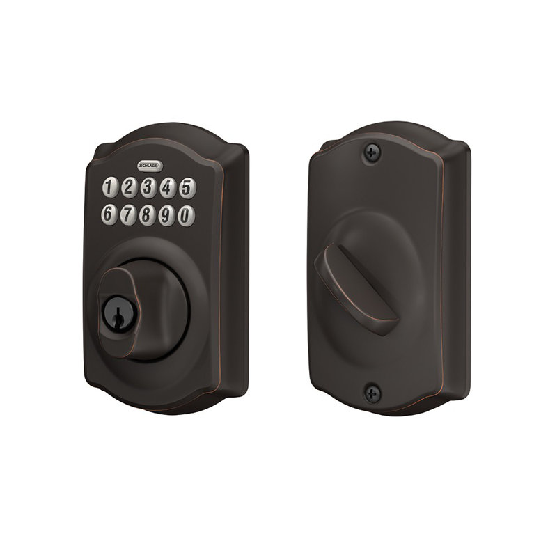 Schlage Keypad Deadbolt with Camelot Trim, Aged Bronze, Yes