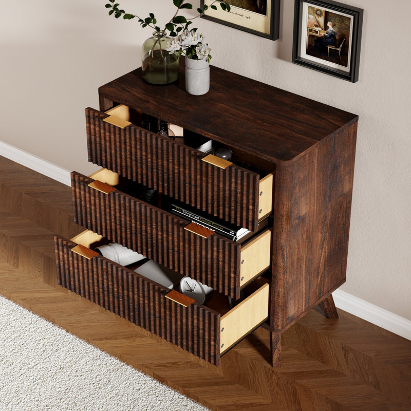 32" High Faux Marble Side Table with 3 Drawers & Fluted Design, Dark Walnut
