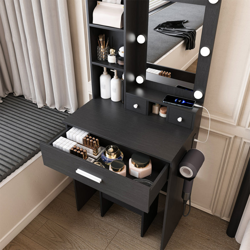 Table de coiffeuse avec miroir et lumières DEL réglables, prise de courant, support pour séchoir à cheveux et tabouret - coiffeuse compacte pour petites chambres