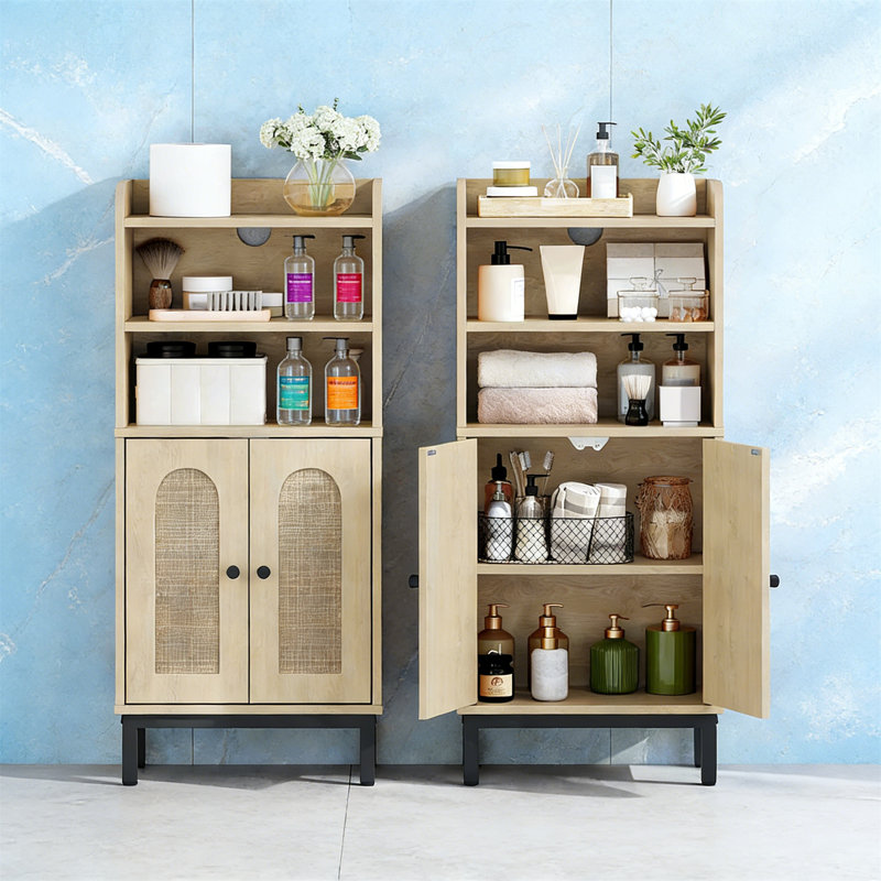 Small Bathroom Floor Cabinet With 2 Doors & Adjustable Shelf, Toilet Paper Storage, 7.1X14.6X32.7 In, Yellow