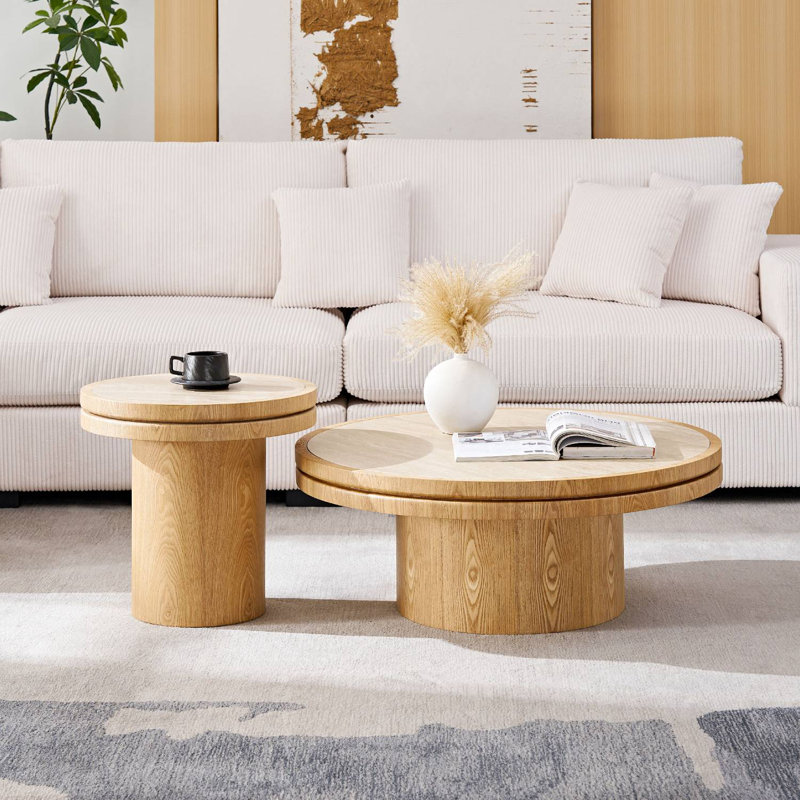 MDF Round Coffee Table Set Of 2, Oak