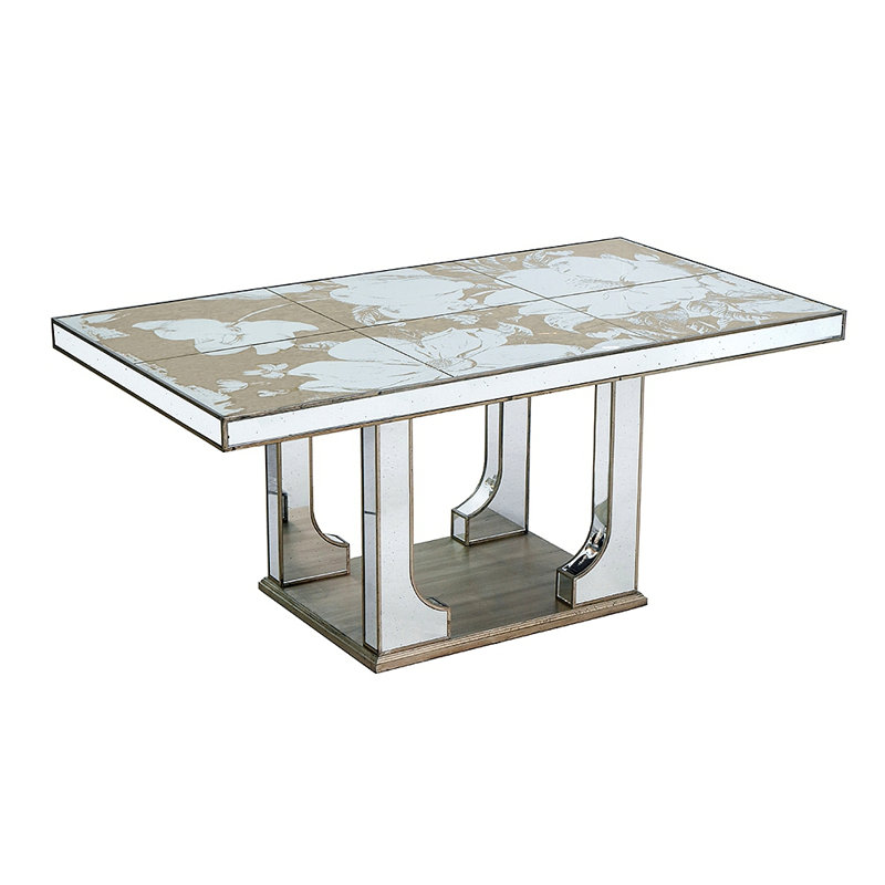 Grande table de salle à manger en miroir avec un élégant motif floral et une finition argentée