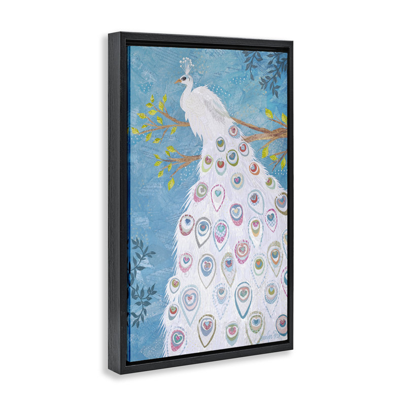 Toile flottante encadrée à motif blanc paon brun par Jennifer Peck, H 25 po x l 17 po, Cadre flottant noir de jais
