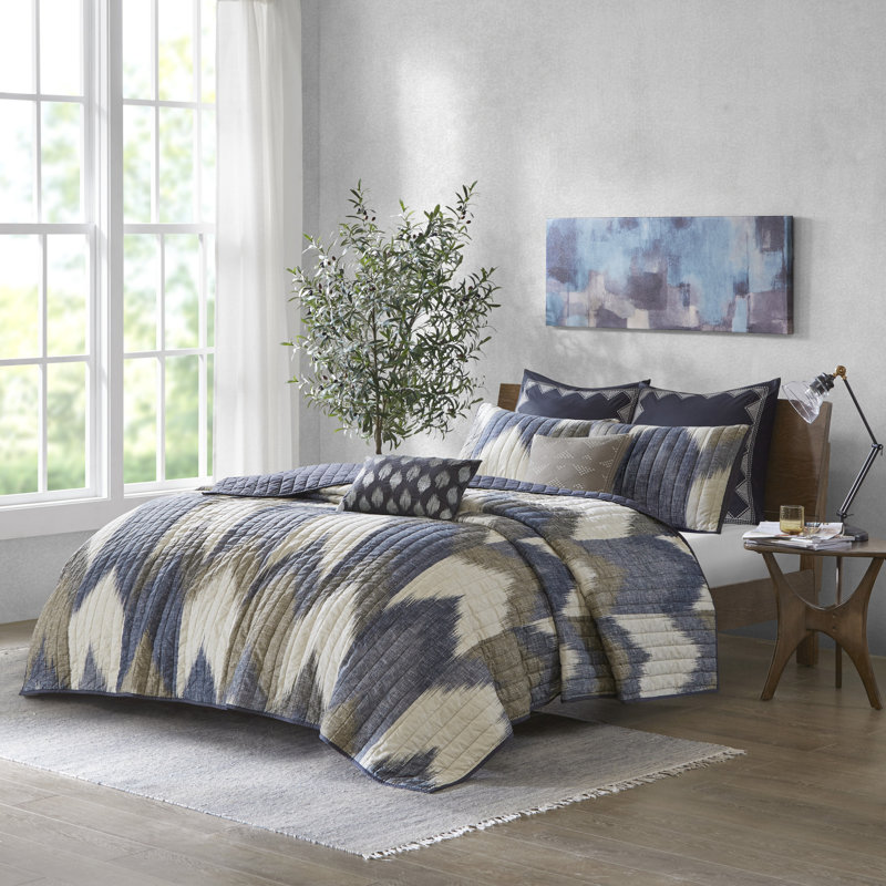 Navy Ikat Print Reversible Cotton Full Quilt Set