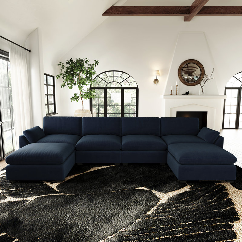 Canapé modulaire large en velours et moelleux avec repose-pieds, canapé de salon en forme de L, Velours bleu