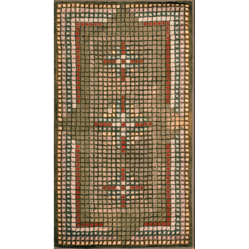 Antique American Tiled Squares Cross Pattern Hooked Rug