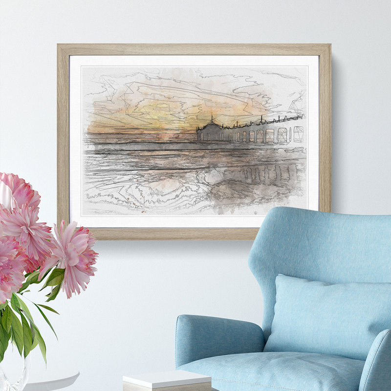 Sunset Behind the Pier Sketch - Picture Frame Graphic Art Print, 36cm H x 48cm W x 2cm D, Oak Framed
