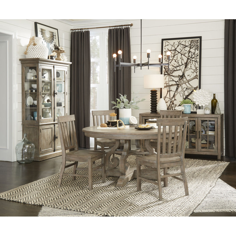 Jaavon 48" Round Dining Table With 4 Upholstered Side Chairs And Server, Beige, 6 Pieces: Table, 4 Chairs, Server