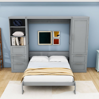 Grand lit escamotable avec placard, tiroirs et tablettes