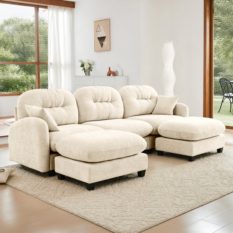 Canapé modulaire à 3 places avec conception mobile, chenille, plissée, ergonomique, 2 coussins décoratifs, s'adapte à divers espaces, fabrication de ressorts et d'éponges beiges, sièges personnalisables