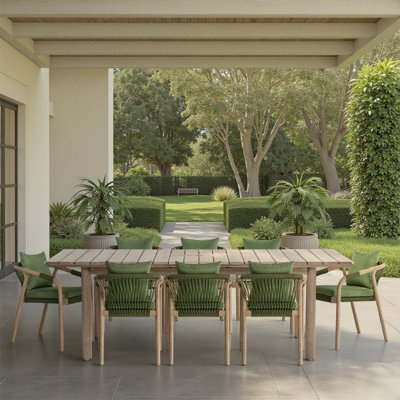 Balmor 9-Piece Extendable Outdoor Dining Set In Eucalyptus With Green Cushions