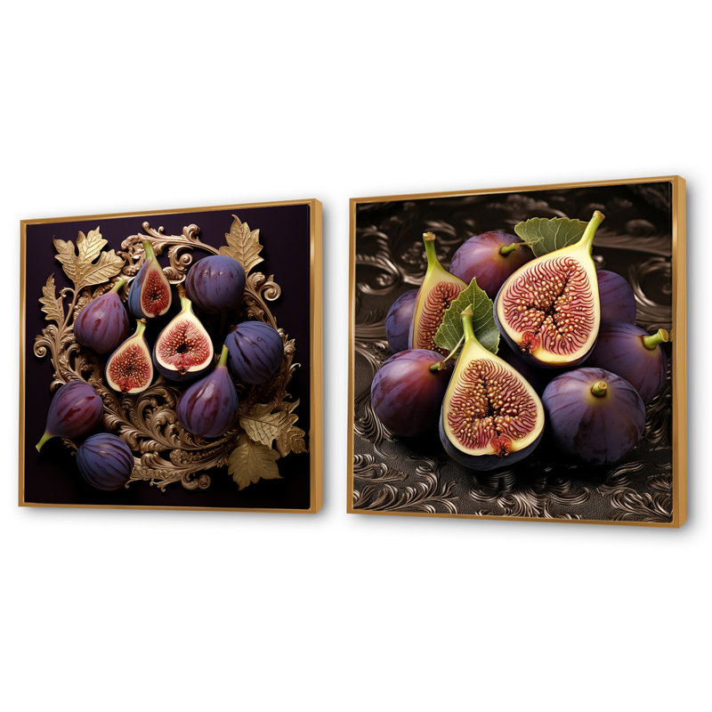 Figues gothiques en filigrane de fruits - fruits, ensemble de 2 collages carrés, Cadre flottant doré, H 16 po x l 33 po