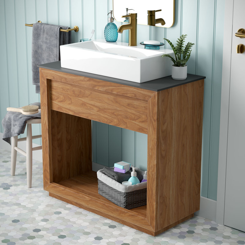 Rennes 36.23'' Free Standing Single Bathroom Vanity with Engineered Quartz Top, Natural Teak
