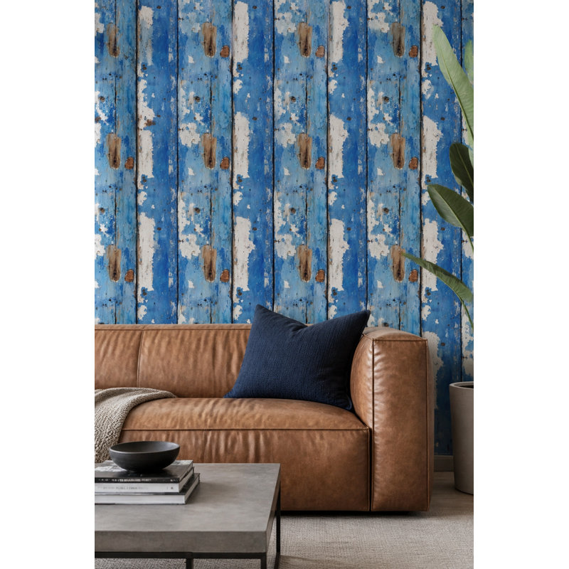 Papier peint effet bois vieilli, lames bleues, amovible, peinture écaillée, double rouleau, Peel and Stick