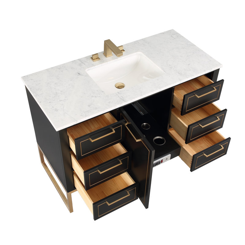 Markham 48'' W Single Vanity, Midnight Black, Satin Brass, Carara Marble