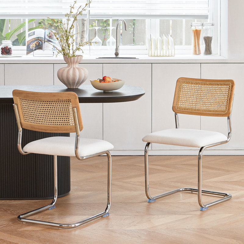 Ensemble de 2 chaises de salle à manger en rotin brun, chaises de cuisine modernes en bois de style Mid-Century, chaises de salle à manger à dossier en filet et cannes, chaise Cesca avec pieds en métal chromé