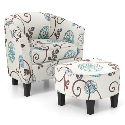  Modern Fabric Accent Chair and Matching Ottoman Set, Linen-Upholstered Tub Chair with Solid Pine Wood Frame, Ergonomic Design for Living Room, Bedroom & Office, Brown & Beige & Blue