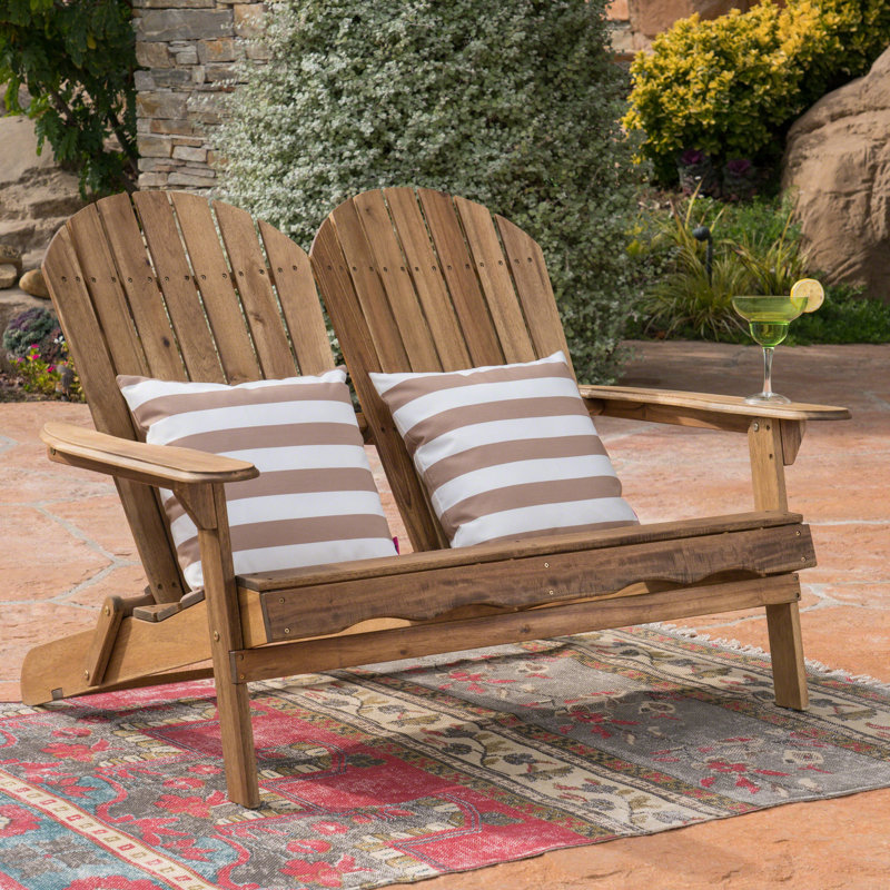  Double Adirondack Chair with Wide Armrests and Curved Backrest, Solid Wood Outdoor Loveseat Bench, Natural