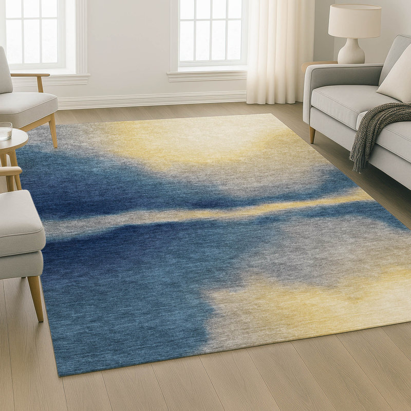 Premium Machine Washable Mayfield AMF2419 Abstract Rug, Navy, 10' x 14'