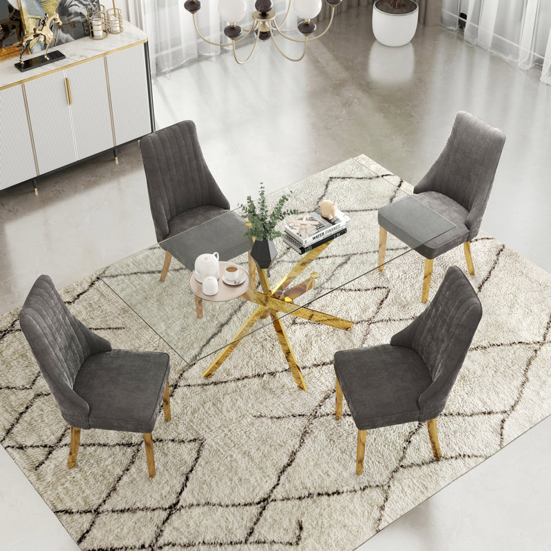Ensemble de salle à manger moderne à piédestal rectangulaire en verre trempé avec fauteuil revêtu de chenille, Gris, Doré