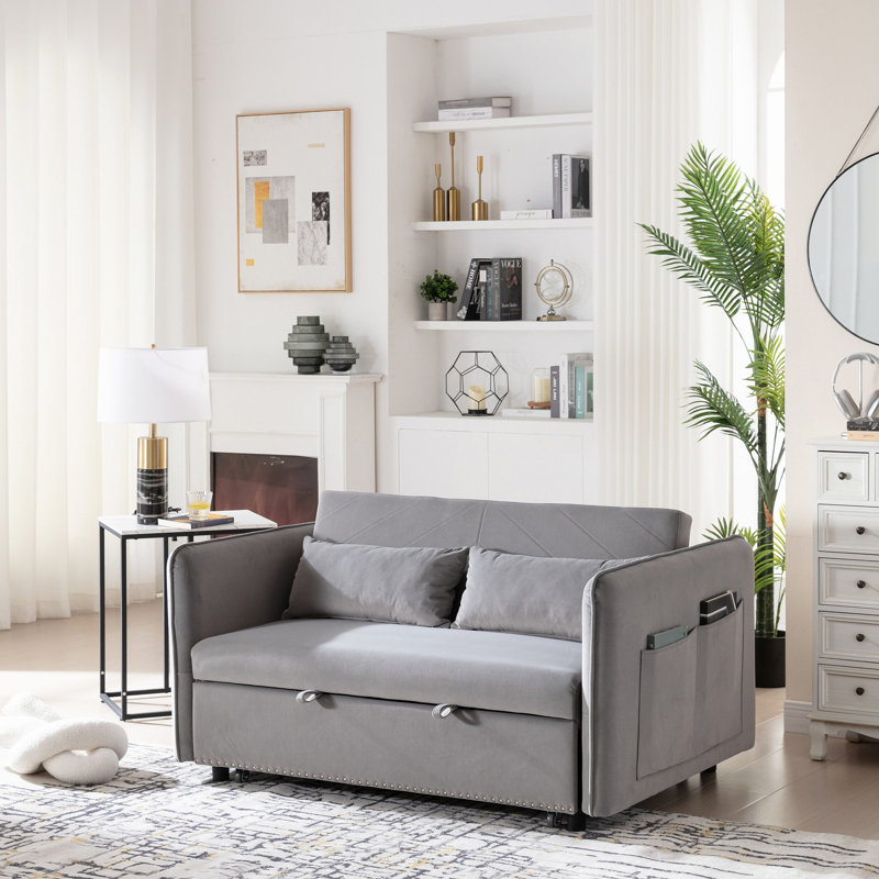 Canapé-lit convertible futon 3 en 1, canapé-lit en velours de 55 po avec 2 coussins, dossier inclinable, poches latérales pour le salon, canapé-lit