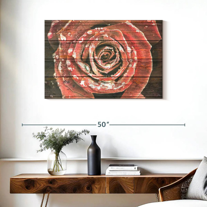 Harnek rose rouge sur bois, H 24 po x l 36 po