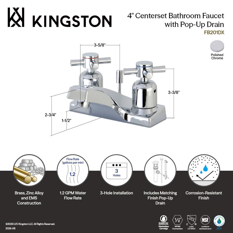 Robinet de salle de bain central à 4 poignées à 3 trous à fixation sur le comptoir avec robinet escamotable en plastique Kingston Brass