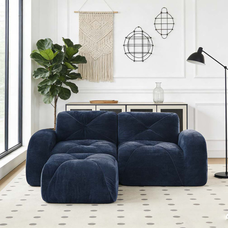 Velvet Fabric Sofa, Blue, 29.9" H x 80.3" W x 37.4" D
