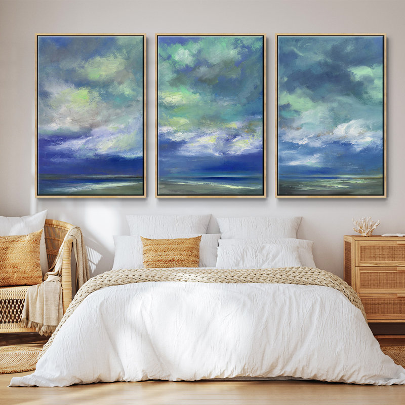 Island Dusk, ensemble de 3 toiles encadrées, Cadre en bois naturel, H 36 po x l 72 po