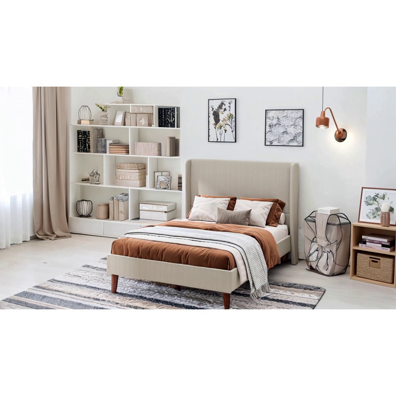Lit tapissier à tête haute, lit plateforme avec support à 12 lattes, Beige, Grand lit