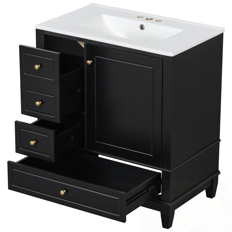 Meuble-lavabo avec lavabo, tablette de porte et trois tiroirs, Noir