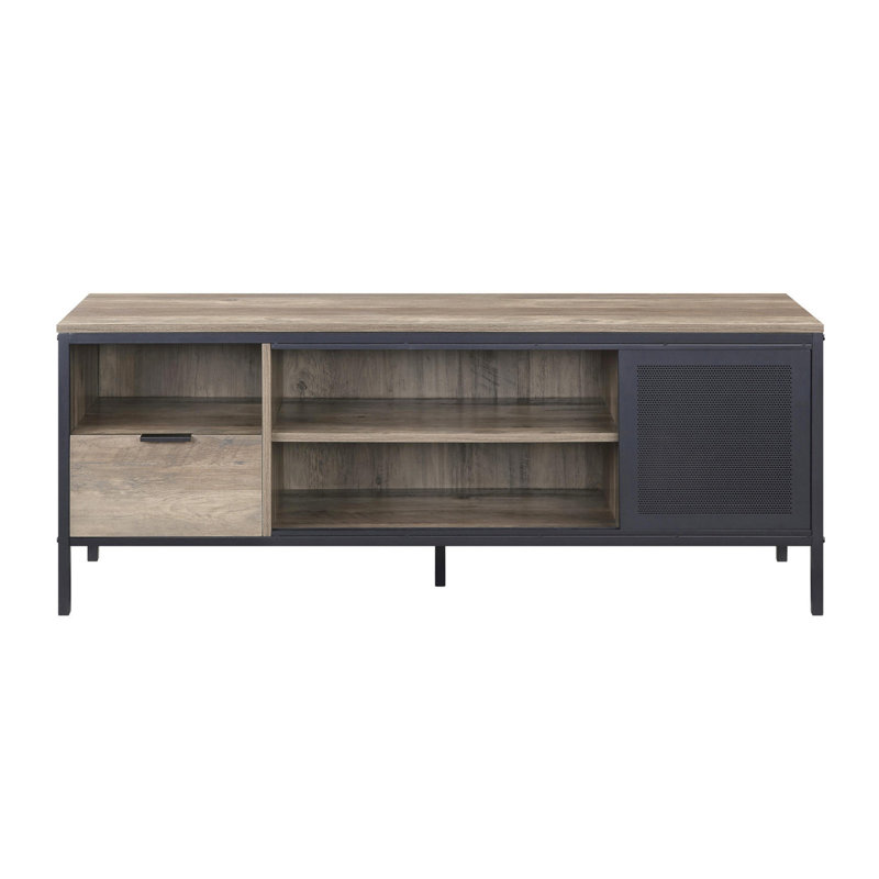 50 - 59 Inch Tv Stand, Rustic Oak, Black Metal Frame, 1 Drawer, 4 Storage Compartments, Flat Screen 55 Stand With Oak And Design, Drawer Compartments For Entertainment Center