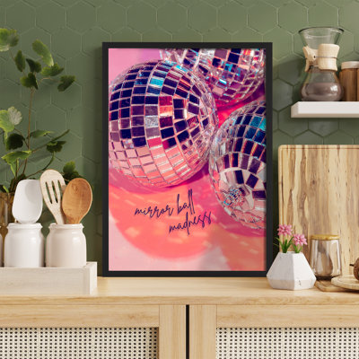 Z Studio Trendy Pink Disco Ball Poster Retro Party Disco Ball Wall Art for Home Wall Artwork Fun Party Bar Cart Decor Dorm Room Wall Art Office Decor 12 x 16 Inch BLACK FRAMED