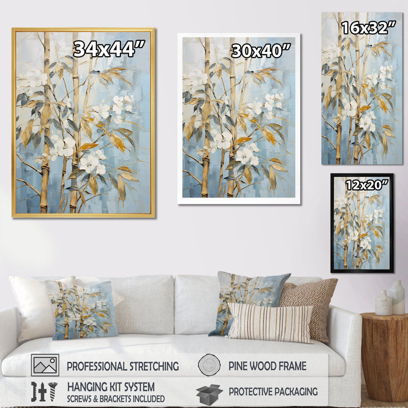 Or et bambou bleu II - impressions d'art en bambou_106605, Toile tendue, H 40 po x l 30 po x P 1,5 po