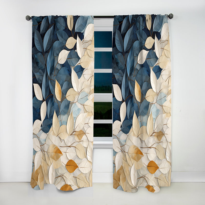 Beige And Blue Minimalism Leaves Collage - Traditional Velvet Curtain - Room Darkening - 1 panel, 52" W x 95" L