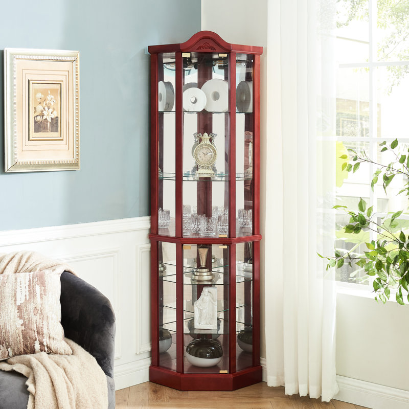 Armoire en verre éclairée pour exposition, style cerise, étagères réglables, présentoir de coin orné de sculptures avec tablettes