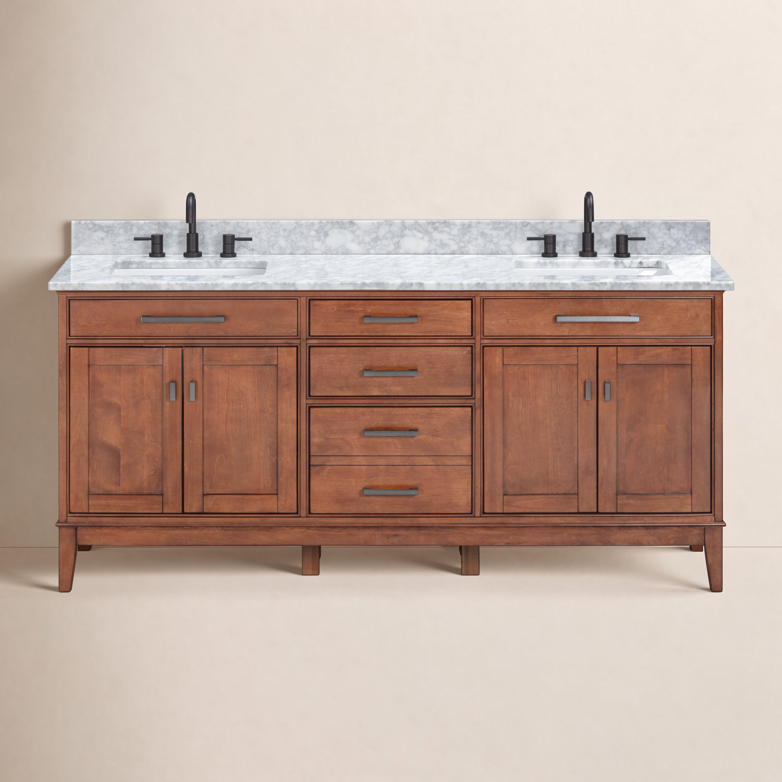 72" Carrara Marble Double Bathroom Vanity, Tobacco, 61", Carrara White Marble