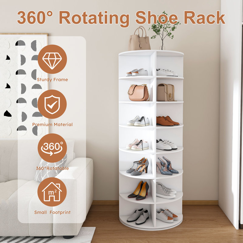 Tour de rangement à chaussures rotative - 60 x 60 x 161 cm - PVC - 1 pièce - Meuble de rangement à chaussures - Blanc - Étagère de rangement rotative à 7 niveaux