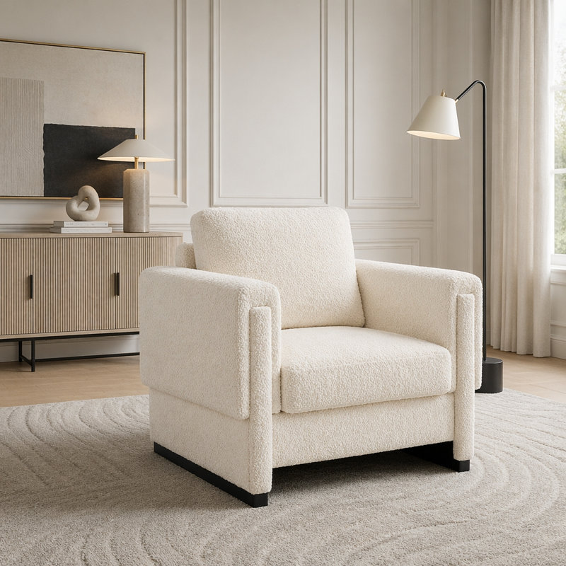 Fauteuil d'appoint rembourré avec accoudoirs en bois massif, fauteuil club carré en tissu avec coussin épais Boucle, fauteuil d'appoint moderne