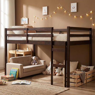 Low Loft Bed Twin Size, Children's Solid Wood Bed with Ladder and Safety Guardrail, Kids Low Loft Bed, Low Loft Bed Frame for Girls Boys, Twin Low Loft Bed, No Box Spring Needed