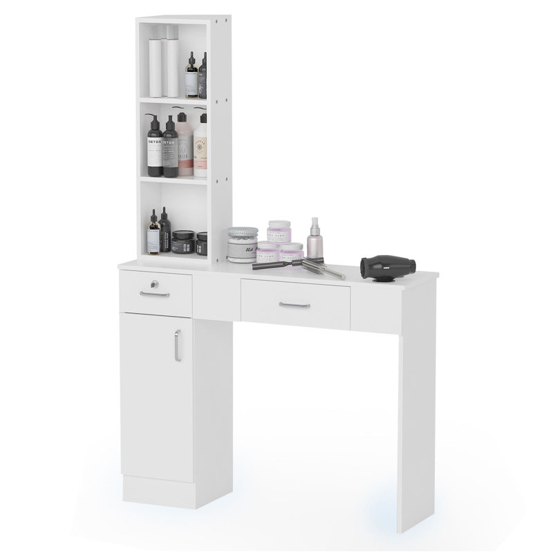 Meghana Makeup Vanity Salon Stations for Hair Stylist Locking Wall Mount Barber Station, 67'' H X 11.8'' W X 40.6'' D, White